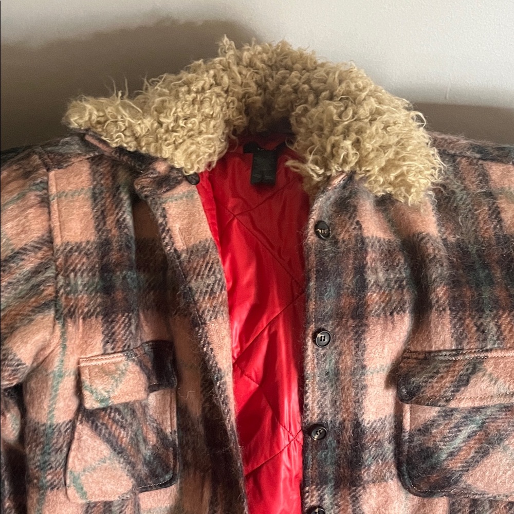 Smythe plaid Wool Blend Jacket with Faux Shearling Collar - Pink/Brown